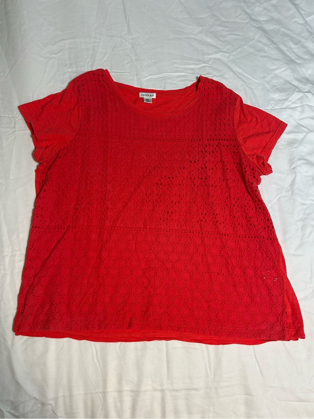Hannah Watermelon Red Short Sleeve Eyelet Overlay Tee